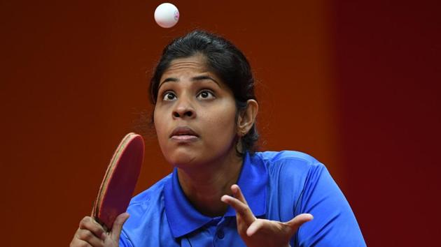 Erandi Warusawithana of Sri Lanka serves against Ghana's Cynthia Kwabi during their women's singles table tennis game at the Oxenford Studios venue on April 10, 2018. (Ye Aung Thu / AFP)