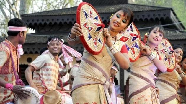 A traditional Bihu dance is performed by men and women and there are bihugeets or songs sung as well.(HT file photo)