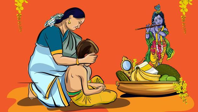 Children are brought near the Vishukkan which depicts symbols of abundance and auspiciousness.(Shutterstock)