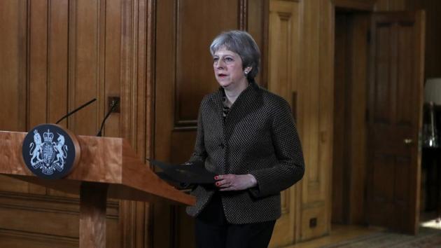 Britain's Prime Minister Theresa May gives a press conference at Downing Street in central London on April 14, 2018 following British military action against Syria.(AFP Photo)