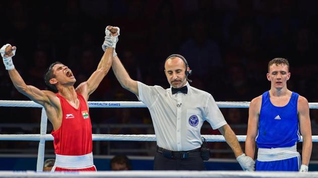 Gaurav Solanki beats Brendan Irvine of Northern Ireland in the men’s 52 kg final. He won it 4-1 (PTI) Gaurav Solanki beats Brendan Irvine of Northern Ireland in the men’s 52 kg final. He won it 4-1 (PTI)