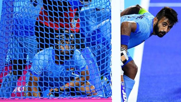 Indian men’s hockey team skipper Manpreet Singh (R) gets ready to defend against a penalty corner by England during their hockey bronze medal play-off match of the 2018 Commonwealth Games in Gold Coast on Saturday. England scored twice from penalty corners to win 2-1 and take home the bronze.(AFP)