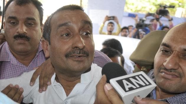 BJP lawmaker Kuldeep Singh Sengar being produced at a CBI court in Lucknow on April 14, 2018. The legislator was arrested on Friday in connection with the rape of a teenager in Unnao last year.(Deepak Gupta /HT Photo)