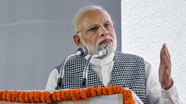 Prime Minister Narendra Modi addresses people at the inauguration of the Ambedkar National Memorial at 26 Alipur Road, in New Delhi on Friday.(PTI photo)