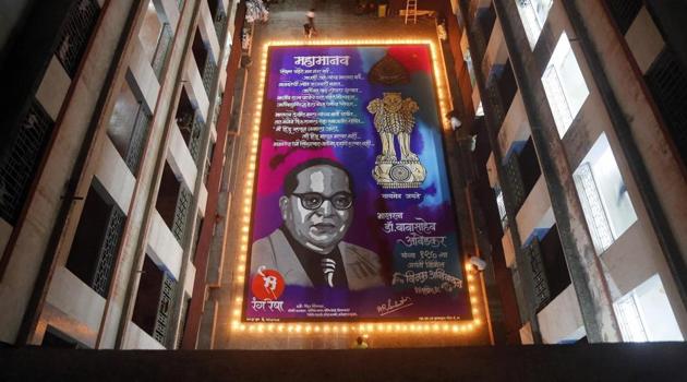 A rangoli made as a tribute to Dr BR Ambedkar on his birth anniversary, at a school in Mumbai.(PTI)