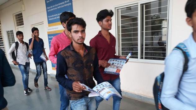 Students coming out after appearing in JEE main online examination in Bhopal on Sunday. (HT photo/Bhopal)