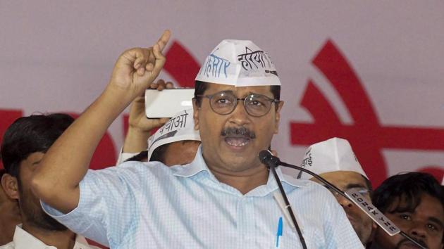 Aam Aadmi Party chief Arvind Kejriwal addresses a rally. Elections in Madhya Pradesh are due by the end of the year and AAP has decided to field candidates on all the 230 seats in the state.(PTI File Photo)