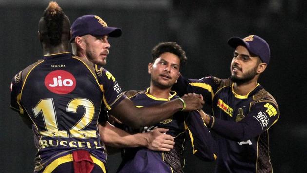 Kolkata Knight Riders' teammates congratulate Kuldeep Yadav, center, for taking wicket of Manish Pandey. (AP) Kolkata Knight Riders' teammates congratulate Kuldeep Yadav, center, for taking wicket of Manish Pandey. (AP)