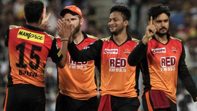 Sunrisers Hyderabad's Bhubaneswar Kumar, left congratulated by teammates after taking the wicket of Robin Uthappa. (AP) Sunrisers Hyderabad's Bhubaneswar Kumar, left congratulated by teammates after taking the wicket of Robin Uthappa. (AP)