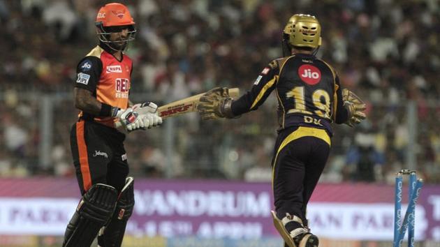 Shikhar Dhawan, left, of Sunrisers Hyderabad looks back after being bowled by Kolkata Knight Riders' Sunil Narine. (AP) Shikhar Dhawan, left, of Sunrisers Hyderabad looks back after being bowled by Kolkata Knight Riders' Sunil Narine. (AP)