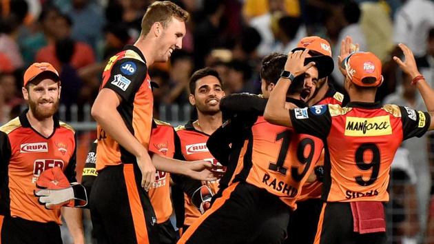 Sunrisers Hyderabad cricketers celebrate the wicket of Sunil Narine. (PTI) Sunrisers Hyderabad cricketers celebrate the wicket of Sunil Narine. (PTI)