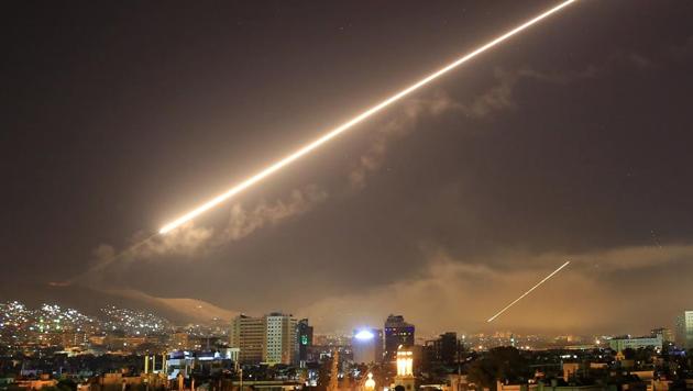 Damascus skies erupt with service to air missile fire as the US launches an attack on Syria targeting different parts of the Syrian capital Damascus, Syria. (AP Photo) Damascus skies erupt with service to air missile fire as the US launches an attack on Syria targeting different parts of the Syrian capital Damascus, Syria. (AP Photo)