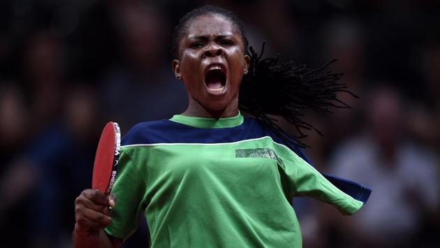 Nigeria's Faith Obazuaye reacts during the women's TT6-10 singles gold medal final table tennis match against Australia's Melissa Tapper at the 2018 Commonwealth Games, in Gold Coast on April 14, 2018. (Ye Aung Thu / AFP)