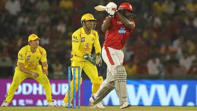 Chris Gayle of Kings XI Punjab bats during match twelve of the Indian Premier League 2018 (IPL 2018) against Chennai Super Kings at the Punjab Cricket Association IS Bindra Stadium in Mohali on Sunday.(IPL)