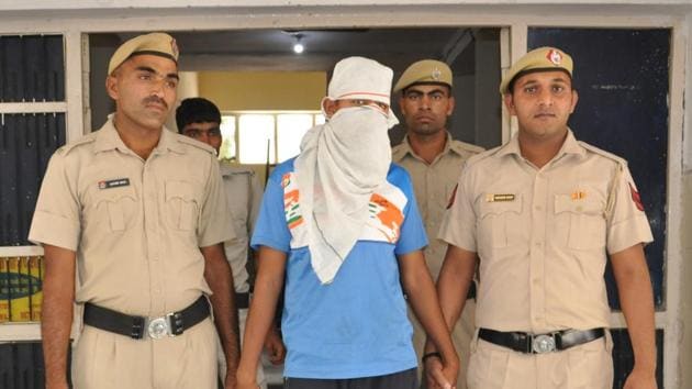 Gaurav Kumar, a 23-year-old from Rohtak, in police custody after he was arrested for passing on information about Indian Army camps to Pakistan’s ISI.(HT Photo)