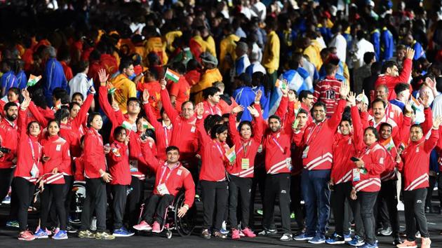 Indian contingent during the closing ceremony of the 2018 Commonwealth Games (CWG 2018) in Gold Coast on Sunday.(PTI)