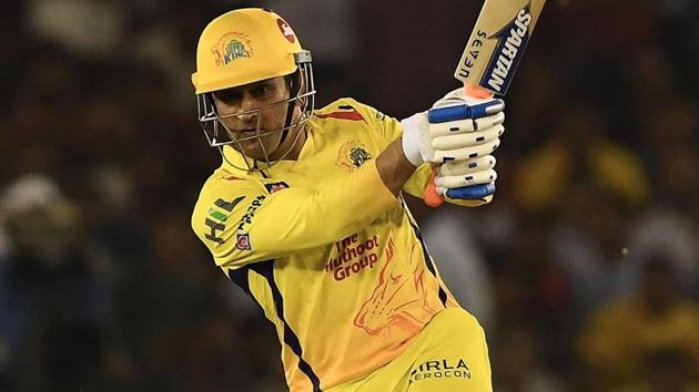 Chennai Super Kings captain MS Dhoni plays a shot during the 2018 Indian Premier League (IPL 2018) match against Kings XI Punjab at the Punjab Cricket Association Stadium in Mohali on Sunday.(AFP)