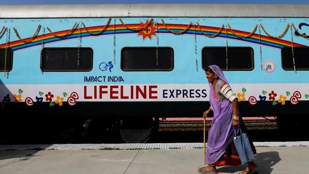 Days later came news of visiting specialists who would treat her for free. They arrived in early April as volunteers on the Lifeline Express, seen here parked at the railway station in Jalore, to treat people like Devi living in areas with inadequate healthcare. (Danish Siddiqui / REUTERS) Days later came news of visiting specialists who would treat her for free. They arrived in early April as volunteers on the Lifeline Express, seen here parked at the railway station in Jalore, to treat people like Devi living in areas with inadequate healthcare. (Danish Siddiqui / REUTERS)