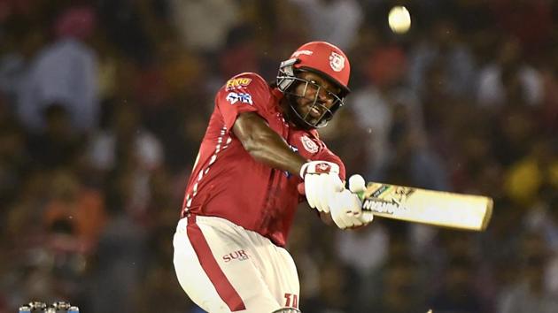 Kings XI Punjab’s (KXIP) opening batsman Chris Gayle in action during their IPL 2018 match vs Chennai Super Kings (CSK) at Mohali on Sunday.(PTI)