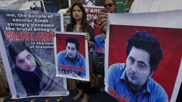 A Pakistani civil society group demonstrates last April against the killing of Mashal Khan, a student at the Abdul Wali Khan University in the northwestern city of Mardan, in Karachi. An event planned at the Lahore University of Management Sciences on April 13 to mark the brutal murder was forcibly cancelled.(AP file)