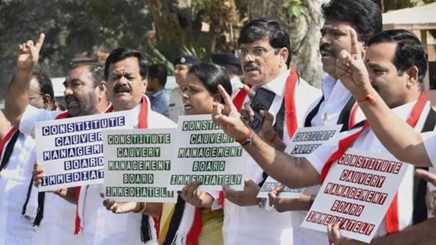 AIADMK MPs protest at Parliament House demanding creation of Cauvery Water Management Board during the second phase of budget session in New Delhi.(PTI File Photo)