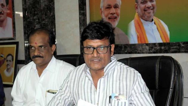 Rural development and panchayatiraj minister Rajendra Rathore interacts with media persons at party office in Jaipur on Monday.(HT PHOTO)