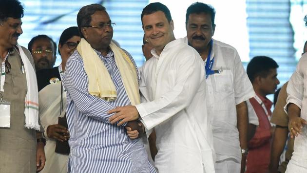 Congress president Rahul Gandhi with Karnataka chief minister Siddaramaiah during a rally in Bengaluru. (Arijit Sen/HT File Photo) Congress president Rahul Gandhi with Karnataka chief minister Siddaramaiah during a rally in Bengaluru. (Arijit Sen/HT File Photo)