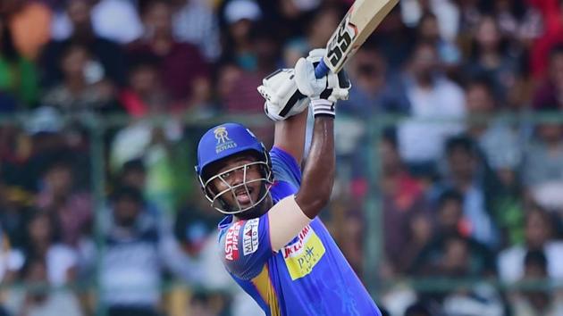 Rajasthan Royals’ Sanju Samson hits a six during the 2018 Indian Premier League (IPL 2018) match against Royal Challengers Bangalore at Chinnaswamy Stadium in Bengaluru on Sunday. Samson is the leading scorer in the IPL at the moment.(PTI)