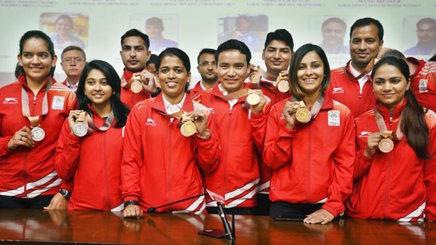 National Rifle Association of India welcomed Tejaswini Sawant, Jitu Rai, Heena Sidhu and all other Commonwealth Games 2018 medal winning shooters during a press conference in New Delhi. (Raj K Raj / HT Photo) National Rifle Association of India welcomed Tejaswini Sawant, Jitu Rai, Heena Sidhu and all other Commonwealth Games 2018 medal winning shooters during a press conference in New Delhi. (Raj K Raj / HT Photo)