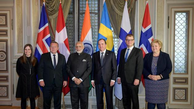 (L to R) Icelnd's Prime Minister of Iceland Katrin Jakobsdottir, Danish Prime Minister Lars Lokke Rasmussen, India's Prime Minister Narendra Modi, Sweden's Prime Minister Stefan Lofven, Finland's Prime Minister Juha Sipilae and Norway's Prime Minister Erna Solberg pose for a photo during a Nordic-Indian summit on April 17, 2018 at the Grand Hotel in Stockholm, Sweden. (AFP Photo) (L to R) Icelnd's Prime Minister of Iceland Katrin Jakobsdottir, Danish Prime Minister Lars Lokke Rasmussen, India's Prime Minister Narendra Modi, Sweden's Prime Minister Stefan Lofven, Finland's Prime Minister Juha Sipilae and Norway's Prime Minister Erna Solberg pose for a photo during a Nordic-Indian summit on April 17, 2018 at the Grand Hotel in Stockholm, Sweden. (AFP Photo)