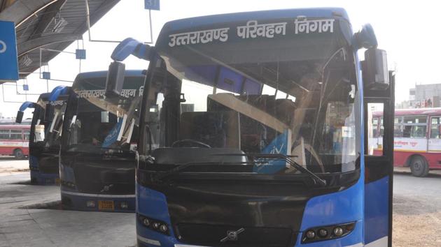 Volvo buses of the Uttarakhand Roadways that run on long routes.(HT)