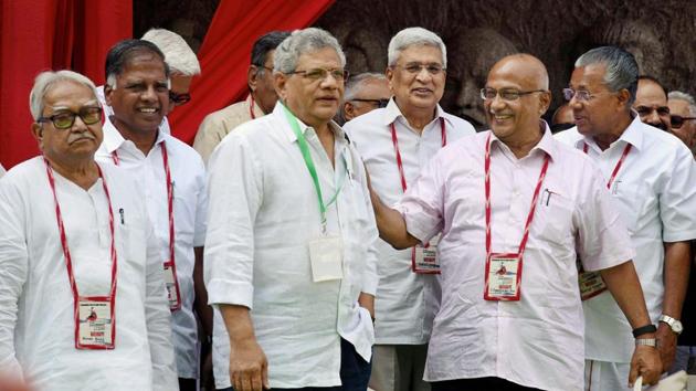 CPI(M) general secretary Sitaram Yechury, Kerala chief minister Pinarayi Vijayan, CPI(M) politburo member Prakash Karat and other leaders attend the 5-day- long 22nd Congress of the CPI(M) at RTC Kalyana Mandapam in Hyderabad.(PTI Photo)