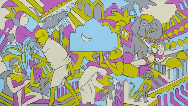 The artwork, acrylic on canvas, is titled, Medieval Modern India.