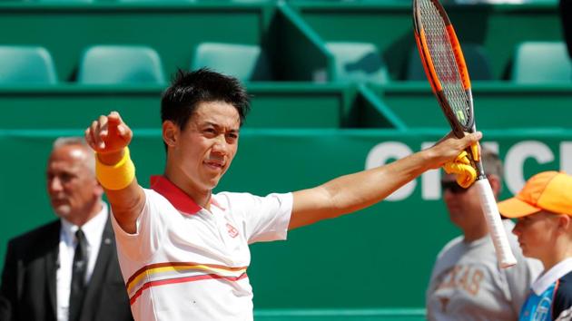 Kei Nishikori celebrates after winning his second round match against Russia's Daniil Medvedev at the Monte Carlo Masters.(REUTERS) Kei Nishikori celebrates after winning his second round match against Russia's Daniil Medvedev at the Monte Carlo Masters.(REUTERS)