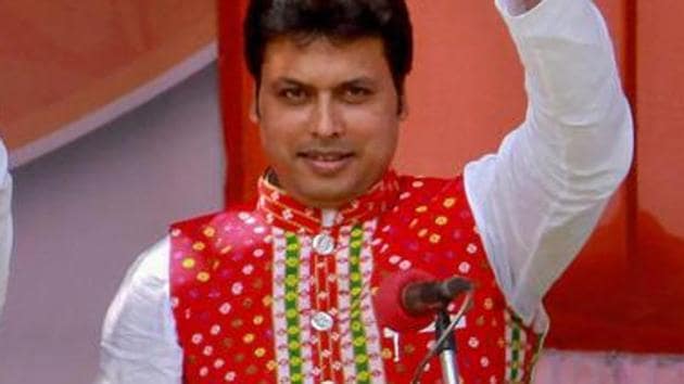 Tripura chief minister Biplab Kumar Deb during his swearing-in ceremony in Agartala in March. The chief minister had the National Informatics Centre (NIC) was using advanced technology invented more than thousand years ago.(PTI)