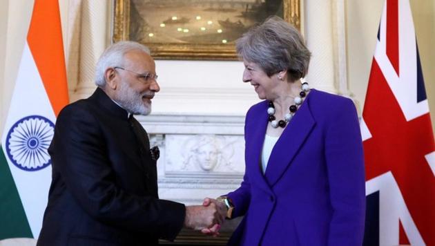 Britain's Prime Minister Theresa May shakes hands with Prime Minister Narendra Modi during a bilateral meeting at 10 Downing Street in London, Britain, April 18, 2018. (Reuters) Britain's Prime Minister Theresa May shakes hands with Prime Minister Narendra Modi during a bilateral meeting at 10 Downing Street in London, Britain, April 18, 2018. (Reuters)