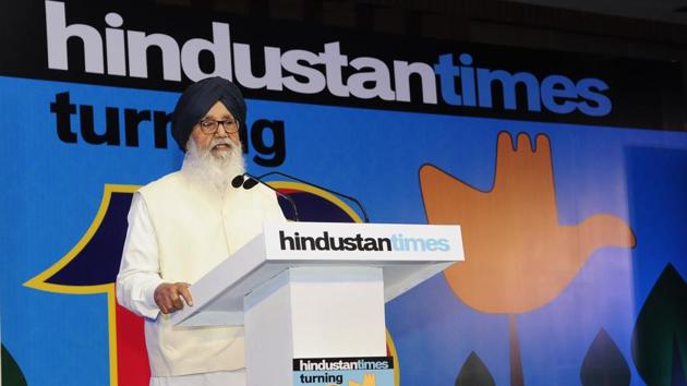 Former Punjab CM Parkash Singh Badal during the function.Congratulating the HT team, Badal said, “Hindustan Times is the first newspaper I pick up to read along with my morning tea.” He also said newspapers need to focus on agriculture, peace and communal harmony. (Keshav Singh/HT) Former Punjab CM Parkash Singh Badal during the function.Congratulating the HT team, Badal said, “Hindustan Times is the first newspaper I pick up to read along with my morning tea.” He also said newspapers need to focus on agriculture, peace and communal harmony. (Keshav Singh/HT)