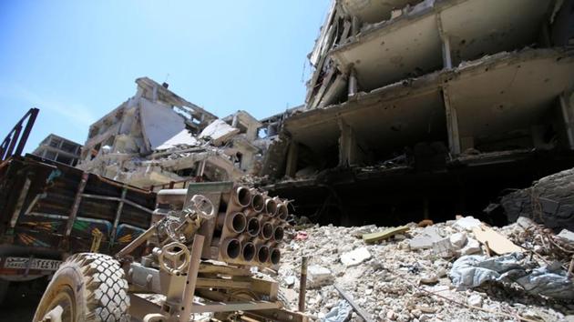 A rocket launcher is seen at the city of Douma, Damascus, Syria April 16, 2018.(REUTERS)