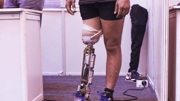 The intelligent artificial legs have sensors in shoes to adapt to movement.(HT Photo/Burhaan Kinu)