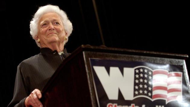 Barbara Bush, former first lady, speaks during the Republican National Convention's "W Stands for Women" rally at the Waldorf Astoria hotel in New York on August 30, 2004. (REUTERS File Photo) Barbara Bush, former first lady, speaks during the Republican National Convention's "W Stands for Women" rally at the Waldorf Astoria hotel in New York on August 30, 2004. (REUTERS File Photo)