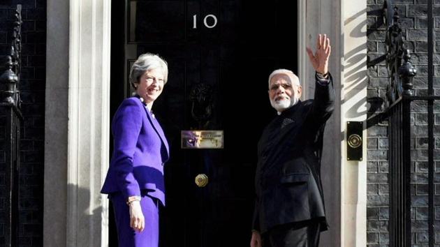 Prime Minister Narendra Modi with British Prime Minister Theresa May at 10 Downing Street in London on Wednesday. (PTI) Prime Minister Narendra Modi with British Prime Minister Theresa May at 10 Downing Street in London on Wednesday. (PTI)