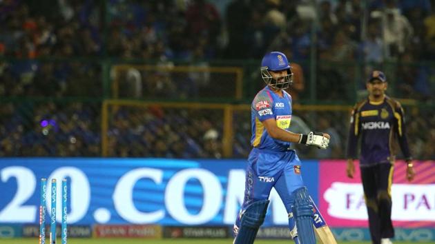 Rahane’s 36-run innings ended when Karthik effected a brilliant run-out after collecting the ball from in front of the stumps. (BCCI ) Rahane’s 36-run innings ended when Karthik effected a brilliant run-out after collecting the ball from in front of the stumps. (BCCI )