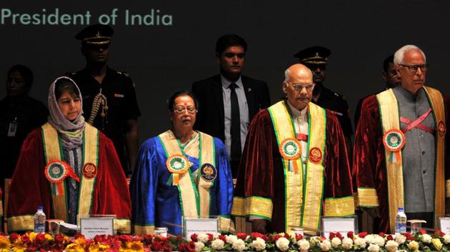 President Ram Nath Kovind (2R) along with his wife Savita Kovind (2L), J&K governor Narinder Nath Vohra (R) and J&K chief minister Mehbooba Mufti (L), during the sixth convocation of Shri Mata Vaishno Devi University in Katra, Jammu and Kashmir. Kovind strongly condemned the gang rape and murder of an eight-year-old girl in Kathua and said the success of a society lay in the kind of protection it provides its children. (Nitin Kanotra / HT Photo) President Ram Nath Kovind (2R) along with his wife Savita Kovind (2L), J&K governor Narinder Nath Vohra (R) and J&K chief minister Mehbooba Mufti (L), during the sixth convocation of Shri Mata Vaishno Devi University in Katra, Jammu and Kashmir. Kovind strongly condemned the gang rape and murder of an eight-year-old girl in Kathua and said the success of a society lay in the kind of protection it provides its children. (Nitin Kanotra / HT Photo)