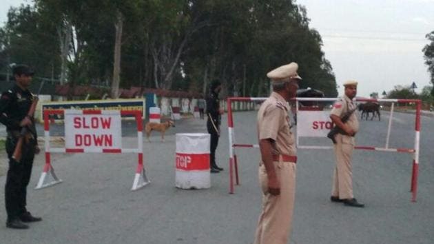 Security personnel near the Pathankot air force station on Thursday.(HT Photo)