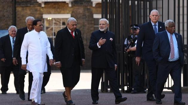 PM Narendra Modi and other world leaders at the Commonwealth Heads of Government Meeting in London on Thursday.(PMO/Twitter)