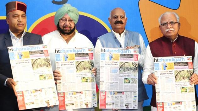 (left to right) Himachal Pradesh CM Jai Ram Thakur, Punjab CM Capt Amarinder Singh, Punjab governor VP Singh Badnore and Haryana CM Manohar Lal Khattar unveil the new look of HT Chandigarh edition during the event. (Keshav Singh/HT) (left to right) Himachal Pradesh CM Jai Ram Thakur, Punjab CM Capt Amarinder Singh, Punjab governor VP Singh Badnore and Haryana CM Manohar Lal Khattar unveil the new look of HT Chandigarh edition during the event. (Keshav Singh/HT)