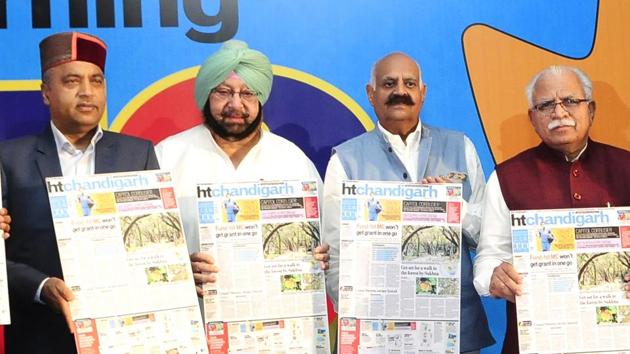 Himachal Pradesh chief minister Jairam Thakur, Punjab chief minister Capt Amarinder Singh, Punjab governor VP Singh Badnore and Haryana chief minister Manohar Lal Khattar during HT’s Turning 18 event in Chandigarh on Wednesday.(Keshav Singh/HT)