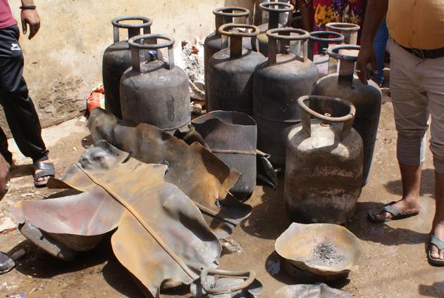 Cylinders charred in fire in Vidyadhar Nagar area of Jaipur on Thursday. (HT Photo) Cylinders charred in fire in Vidyadhar Nagar area of Jaipur on Thursday. (HT Photo)
