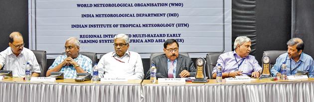 Experts at the 12th meeting of South Asian Climate Outlook Forum held at IITM in Pune on Thursday.(SANKET WANKHADE/HT PHOTO)