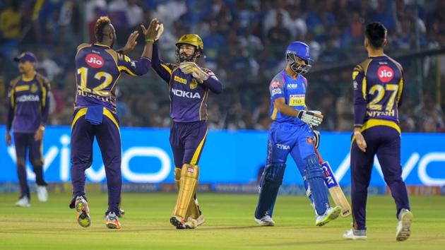 Ajinkya Rahane walks off the field after his dismissal during Rajasthan Royals’s IPL 2018 match against Kolkata Knight Riders on Wednesday.(PTI)